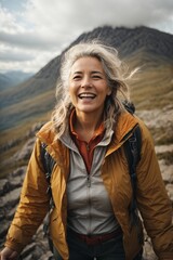 Mature woman hiker smiling at camera on top of a mountain
