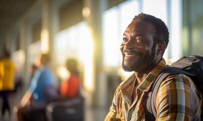 Obraz premium Happy smiling black skin male traveler in airport, man at the sitting at the terminal waiting for her flight in boarding lounge. 