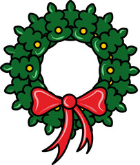 Isolated Decorative Christmas Wreath Icon With Bow Ribbon In Flat Style.