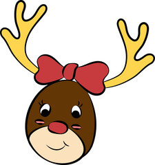 Isolated Colorful Reindeer Face With Decorated Bow Ribbon Icon In Flat Style.