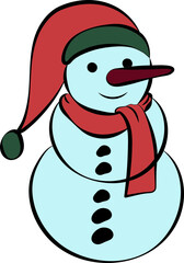 Isolated Hand Drawn Snowman Wearing Santa Cap And Scarf Icon In Flat Style.
