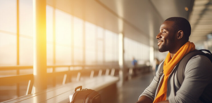 Happy Smiling Black Skin Male Traveler In Airport, Man At The Sitting At The Terminal Waiting For Her Flight In Boarding Lounge.	