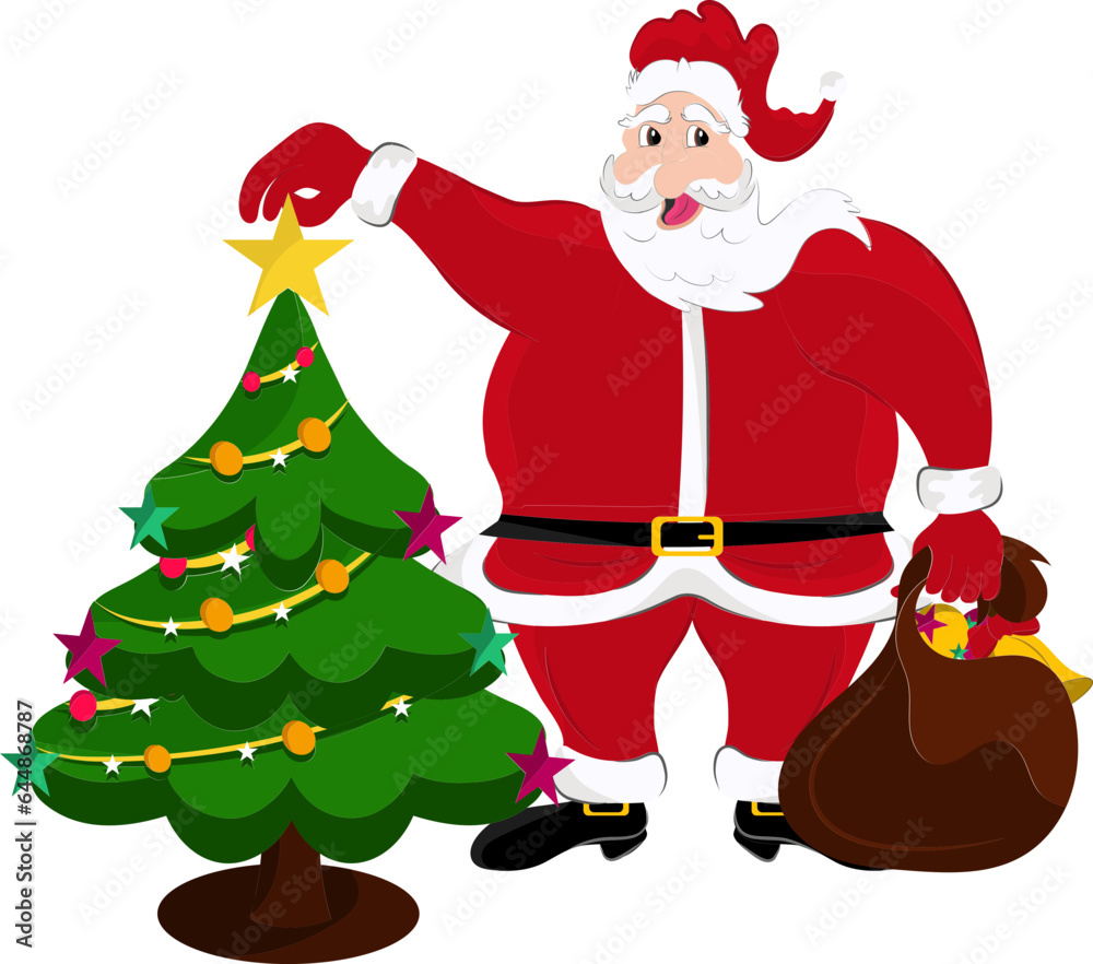 Poster Happy Santa Claus Holding Christmas Tree With Gift Bag Flat Vector.