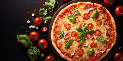 Fototapeta na wymiar vory pizza, complete with tomatoes, cheese, and sauce, set against a stylish black stone background. Ideal for web banners