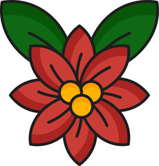 Isolated Poinsettia Flower With Leaves Icon In Red And Green Color.