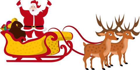 Cheering Santa Claus In Sleigh And Gift Bag Flat Element.