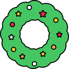 Colorful Christmas Wreath Icon In Flat Style.