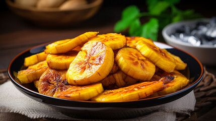 Ripe fried African plantain - local staple food served as meals with sauce or as a side dish in Nigeria, West Africa and other African countries - obrazy, fototapety, plakaty