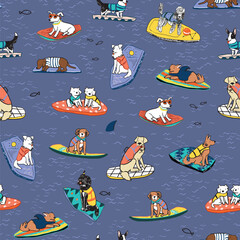 Dog surfing vector seamless pattern.