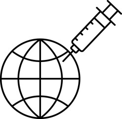 Black Stroke Globe With Syringe Icon Or Symbol.
