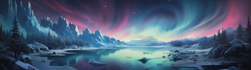 a scenic view from in north pole at the night, sky with aurora, polar bear at the lake, reflection, dramatic light and shadows, create using generative AI tools - obrazy, fototapety, plakaty