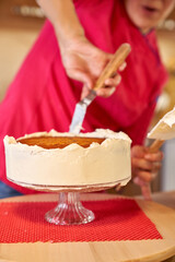Crop woman making cake in kitchen