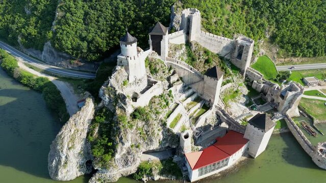 Aerial view of the Golubac Fortress - medieval fortified town on the south side of the Danube River in Serbia