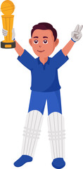 Cricket Player Man Holding Trophy Cup Against White Background.