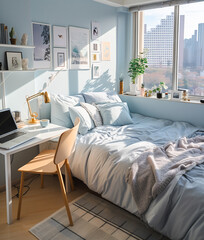 Bedroom interior design messy.Bedroom, living room, office, minimalist pastel style.