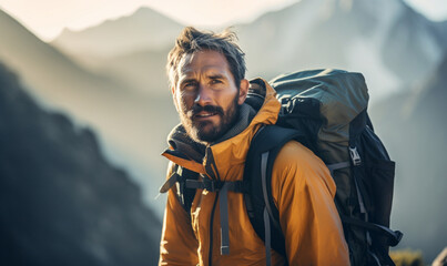 Man hiker traveling, walking in mountains under sunset light. Man traveler enjoys with backpack hiking in mountains. Travel, adventure, relax, recharge concept.
