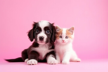 Adorable Kitten and Puppy Duo on Pastel Background