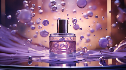 Violet Cosmetic Item Promotion: 3D Visualization of Jar and Bottle Encircled by Glass Discs and Shimmering Crystals.