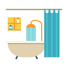 Bathroom interior with shower tub flat vector icon. Cartoon drawing or illustration of furniture or element for apartment or house on white background. Interior design, furniture concept