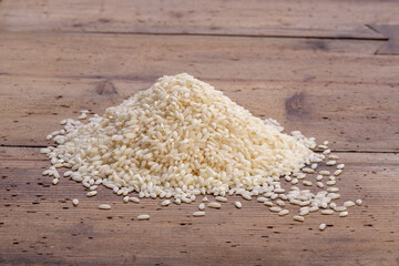 white rice on rustic wooden table