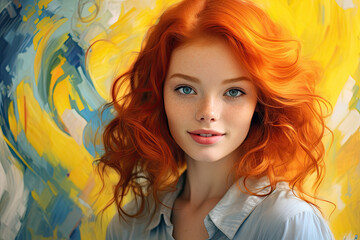 Fototapeta premium Portrait of a beautiful red-haired teenage girl with freckles, on a bright-colored background