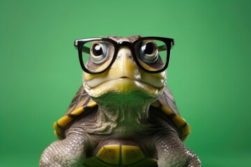 Fototapeta premium Adorable Green Turtle Wearing Glasses in Studio Setting