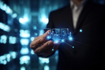 Fototapeta premium Digital marketing. Businessman use modern interface payment, online shopping and customer network connection on virtual screen, digital visualization, global electronic business network communication.