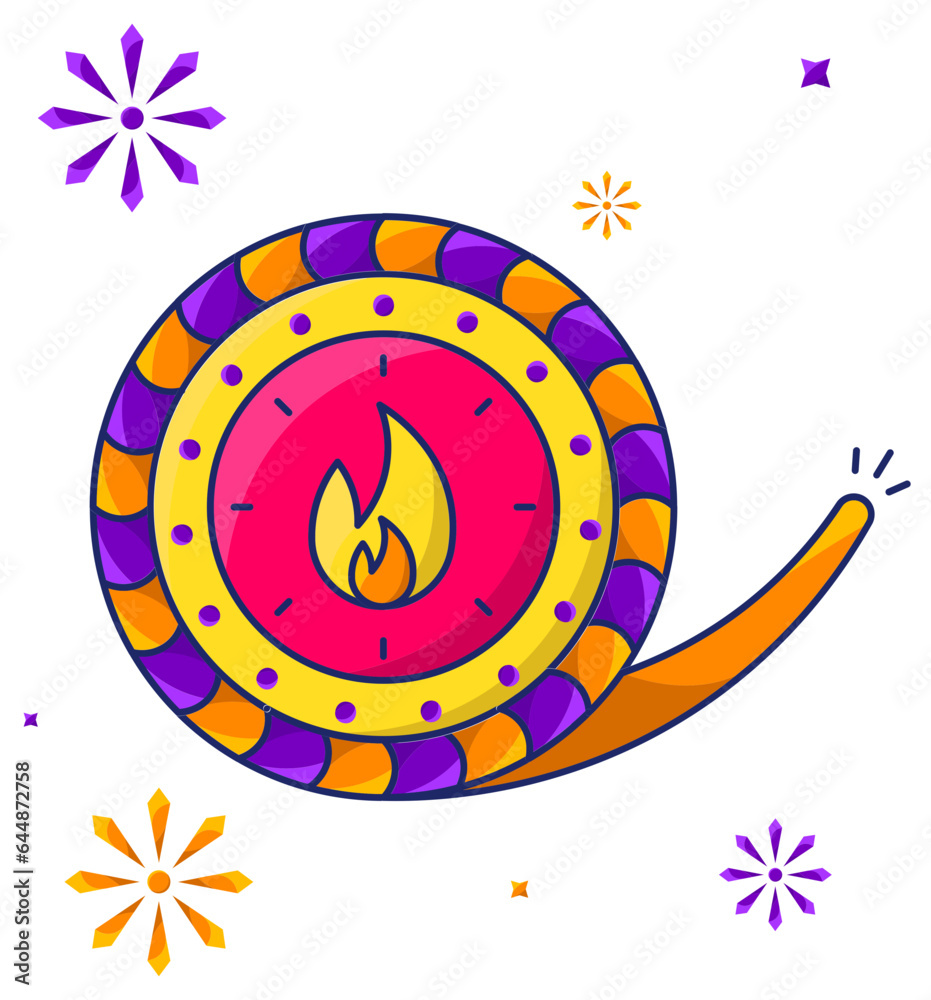 Poster Burning Chakra Firecracker Over Fireworks White Background In Sticker Style.