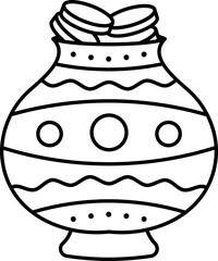 Illustration Of Pot With Full Of Stack Gold Coin Icon In Black Outline.