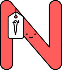 Capital N Alphabet Cartoon And Needle Word Tag Red Icon.