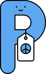 Blue P Alphabet Cartoon Letter And Peace Words Tag Icon.