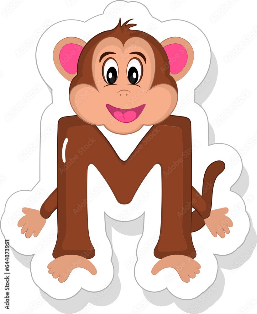 Wall mural cute m alphabet animal cartoon monkey icon in sticker style.