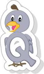 Cute Q Alphabet Animal Cartoon Quail Icon In Sticker Style.
