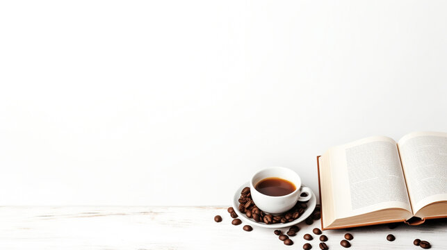 Coffee mugs and fresh coffee beans. Valuable old books on a white background for text input.