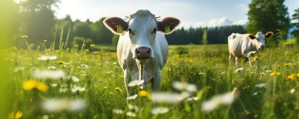 Gartenposter Cow in green field with clear sky © Doni_Art
