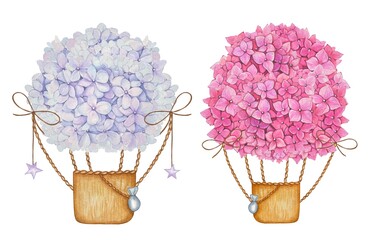 Floral hot air balloons with hydrangea flowers, watercolor