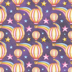 Seamless pattern with air balloons, rainbows, stars. Hand drawn watercolor illustration.