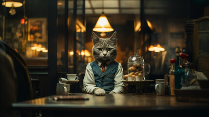cat sitting in the restaurant