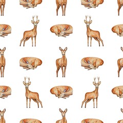 Watercolor seamless pattern with deer  for print, postcard, greeting card, textile, wrapping