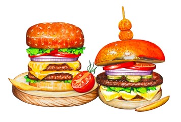 Fresh tasty burgers with tomato. Watercolor
