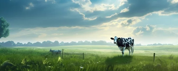 Gordijnen Cow in green field with clear sky © Doni_Art