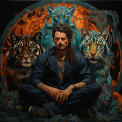 Shaman in the woods with tigers