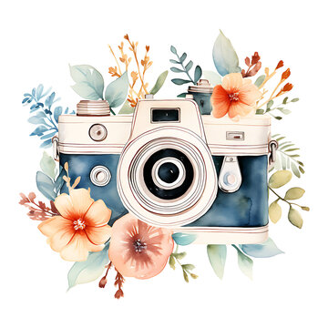 A watercolor Retro Vintage camera with flowers