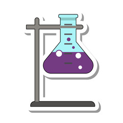 Test tubes fixed on tripod flat paper sticker. Laboratory equipment for analyzes and experiments on beaker isolated on white background. Chemistry, science, innovation concept