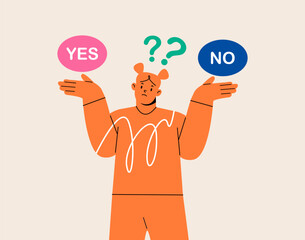 Young girl standing confusedly to choose YES or NO. Concept of choice. Colorful vector illustration