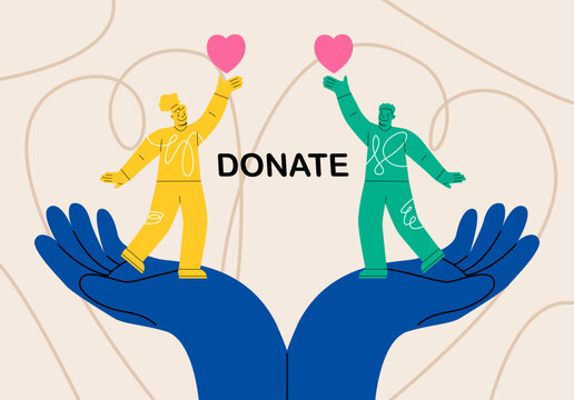 Hands of people with hearts for charitable donations. Charity, donation and social care concept. Colorful vector illustration