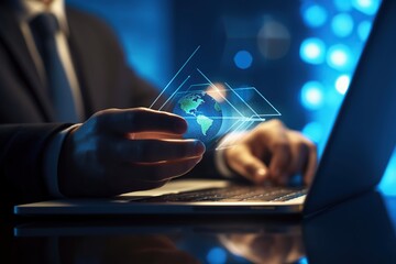 Businessman use modern interface payment, online shopping and customer network connection on virtual screen, smart logistics, innovative logistics, future of transportation in a large warehouse 