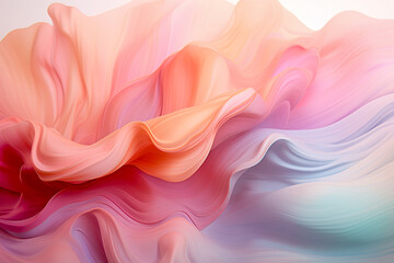 Obraz premium Abstract fluid, wavy liquid paint background. Flowing colorful smoke in gradient pastel hues. Use for backdrop, invitation, greeting card, social media banner. AI generative illustration.