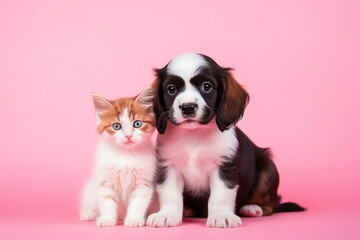 Tiny Kitten and Puppy on Soft Pastel Backdrop