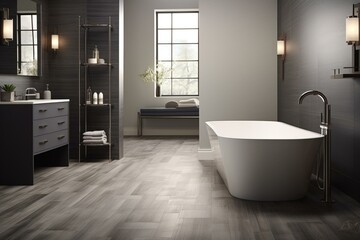 Contemporary bathroom featuring gray finishes, radiant flooring, and a standalone tub. Generative AI